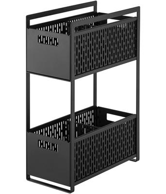 Yamazaki Jitsugyo 5219 Under Sink Storage Basket, 2 Tiers, Black, Approx. W16 X D32.5 X H46cm, Tower Sliding Storage Rack with Dividers, Complete