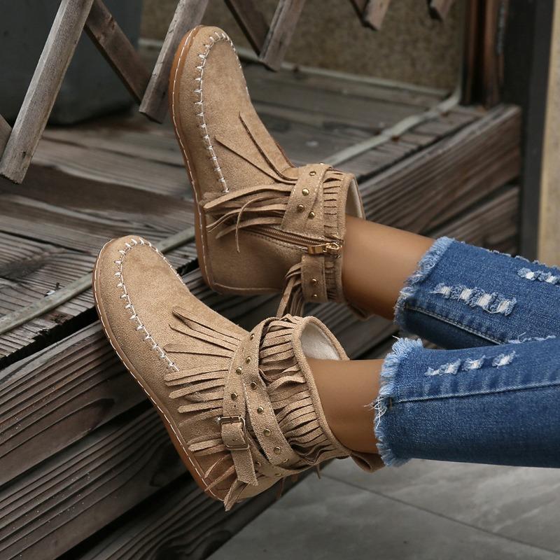 Women's boots short boots autumn and winter new large size rivet flat bottom fringed boots children