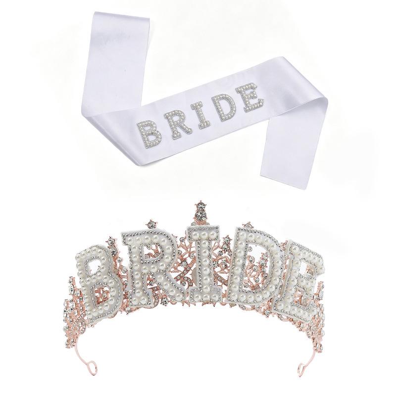 Pearl Lace Bridal Crown & Headband Set with Wavy Edge Sash and Shoulder Straps