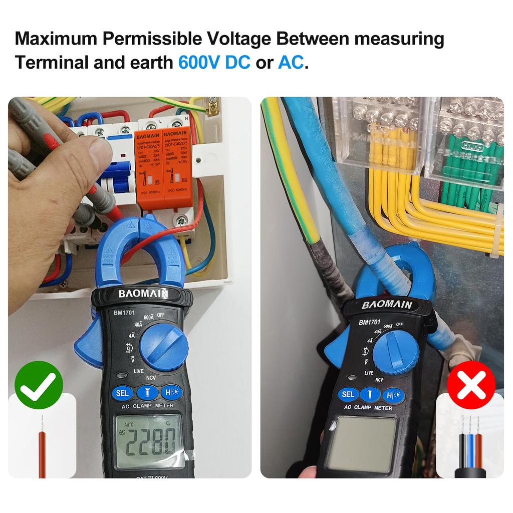 BAOMAIN - Digital Clamp Meter, 4000 Count Multimeter, Measures 4A/40A/600A AC Current, AC/DC Voltage, Resistance, Diode, Continuity, NCV, Wire Test, B