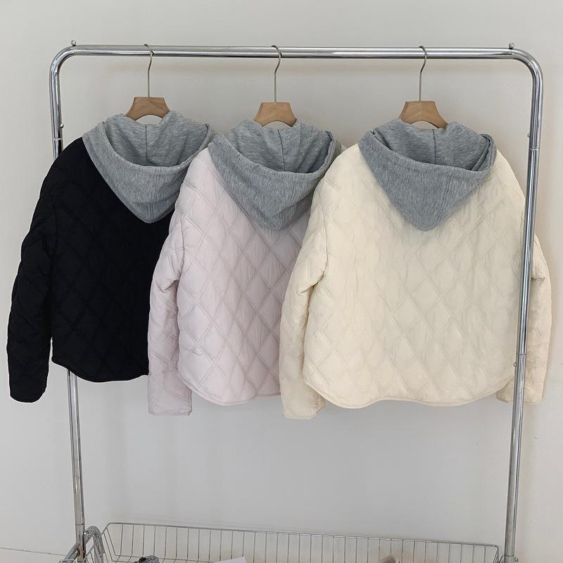 New Splicing Rhombus Jacket Cotton Dress Casual Removable Hooded Loose Autumn and Winter Line Fake Two-piece Coat Black