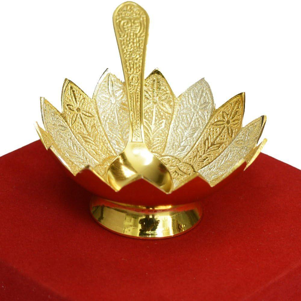 R Ayurveda Copper Silver And Gold Plated Metal Bowl Set With Spoon In Floral Pattern
