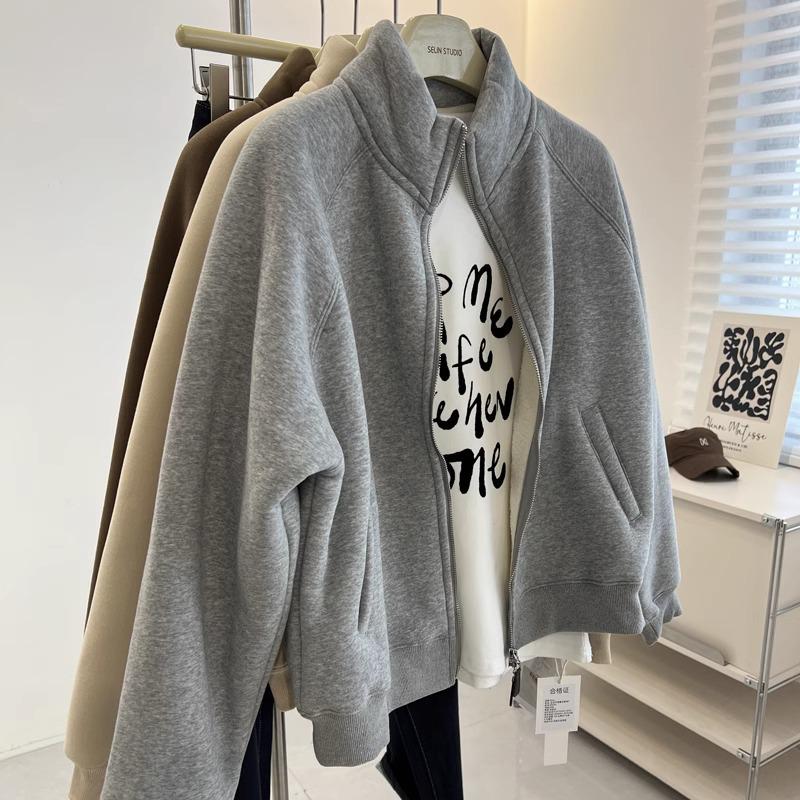 Women's Lambswool Fleece-Lined Stand Collar Zip-Up Cardigan – Thick, Versatile, Loose-Fit Winter Outerwear