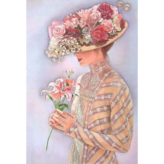 5D diamantová malba ženy Celokulatý vrták Mozaika Diamantové vyšívání "Květinový klobouk krása" Dárek do domácnosti