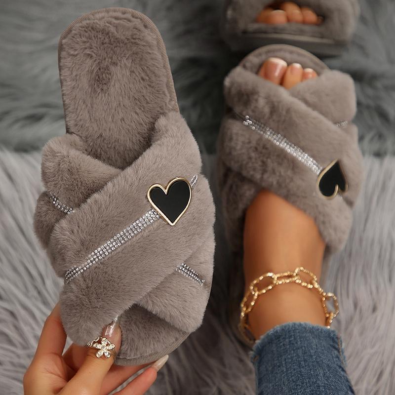Fashion Fashion Crystal Cross Strap Fur Slippers for Women Cozy Warm Fluffy Winter Slippers Woman Open Toe Soft Plush Indoor House Shoes