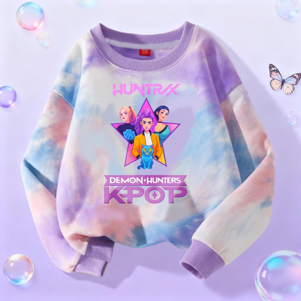 KPop Demon Hunters Long Sleeve Girls Trend Leisure Tops Anime Cartoon Spring Autumn Clothes Tie-dye Versatile Sweatshirt