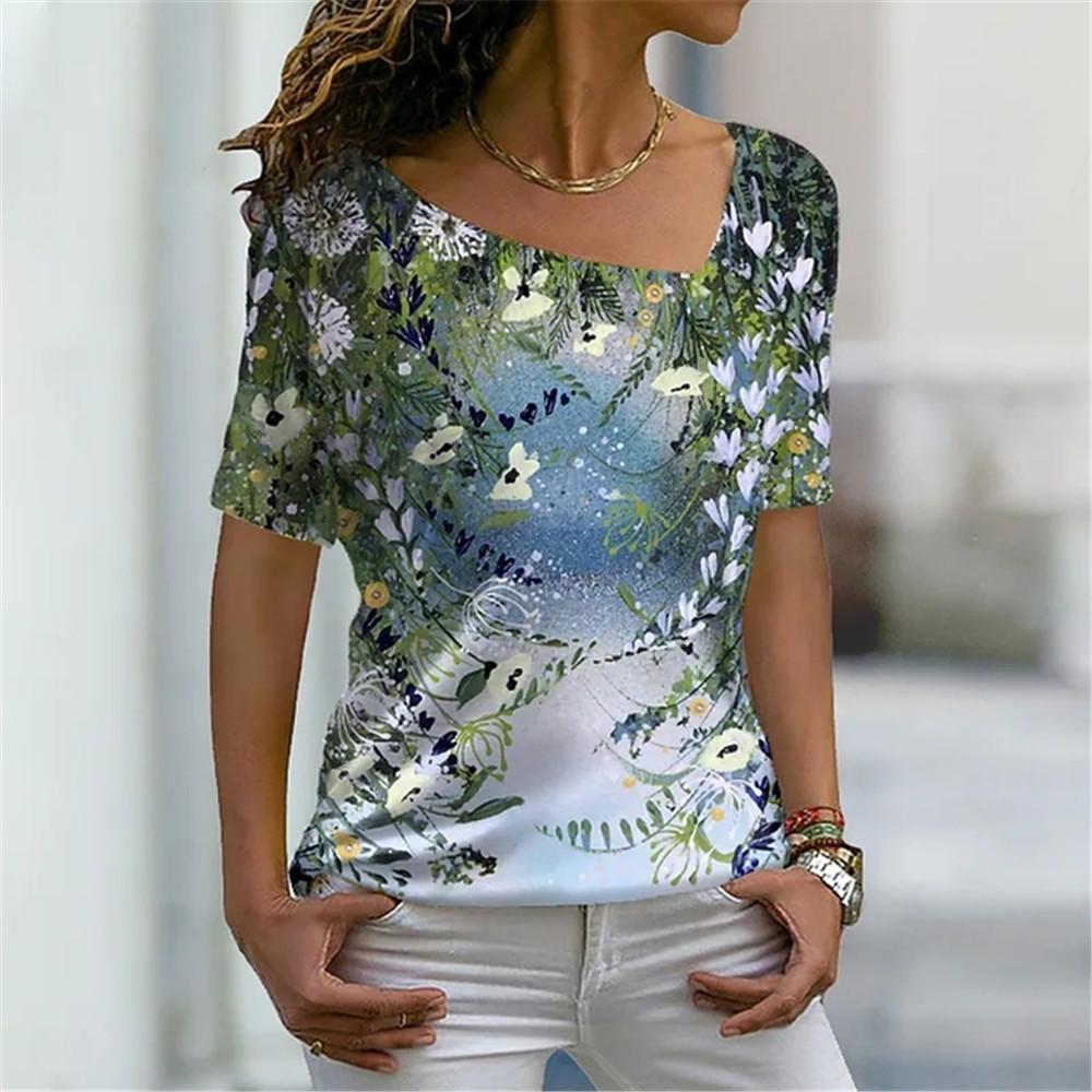 Šikmý límec Květinový Digitální 3D Tisk Harajuku Dámské Tričko Krátký Rukáv Letní Neformální Personalizované Dámské Vrchní Oblečení