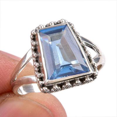 Natural Blue Topaz Gemstone Handmade 925 Solid Silver Jewelry Ring Size 7.5 J7w26
