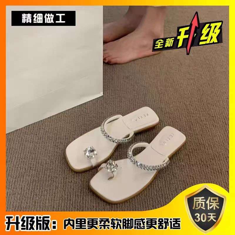 Spring and summer 2025 new rhinestone sandals outer wear women's shoes low heel square head cover toe fairy style with skirt sandals