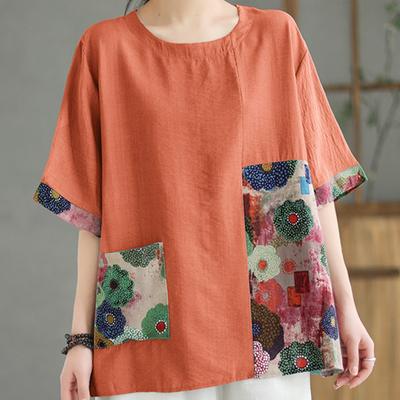 T-shirt d'été à manches courtes et col rond pour femme, vintage, patchwork à imprimé floral, en coton respirant, ample, léger, confortable, pour le travail, les vacances, KTB