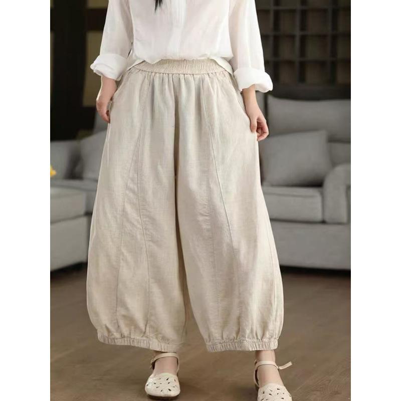 Women's Elastic Waist Wide Leg Cropped Pants Loose Fit Casual Linen Style Trousers