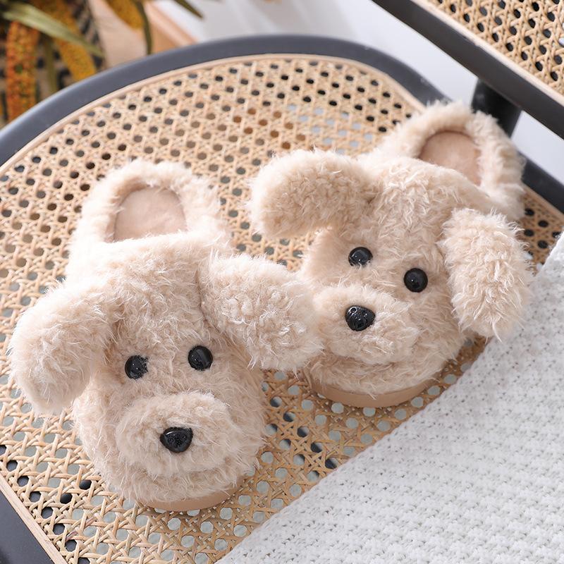 Fashion Winter House Warm Fur Slippers For Women Cute Dog Desginer Bedroom Flat Ladies Plush Shoes Indoor Cartoon Women Furry Slippers F
