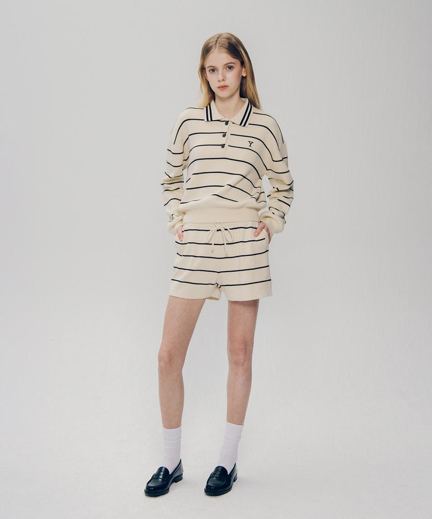 YALE Women'S Y Logo Striped Polo Knit_Ivory