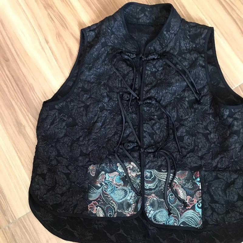 Vestă Neagră Vintage Brodată cu Nasturi Broderie Stil Chinezesc Jachetă Fără Mâneci