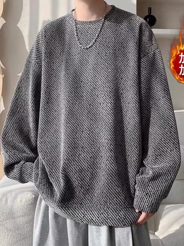 Men's Velvet Chenille Stripe Hoodie, Autumn/Winter, Warm Round Neck, Trendy American Style Pullover.