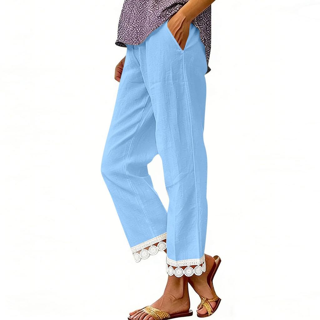 Women's Fashion Color Elastic Waist Pocket Lace Splicing Casual Straight Pants