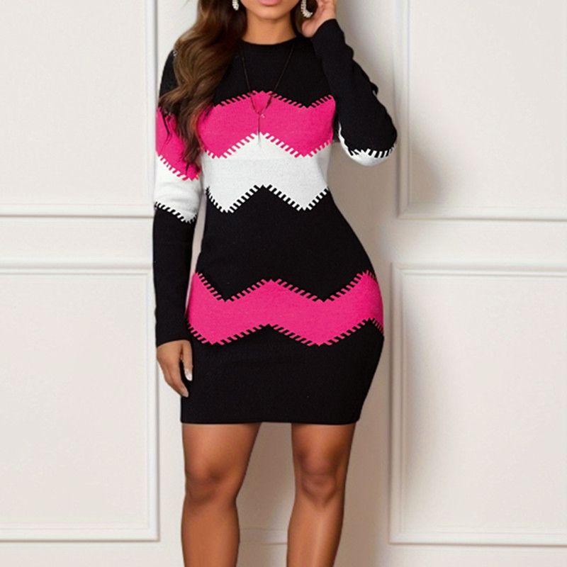 

2024long Sleeved Printed Knitted Buttocks up Dress Sheath Dress Pink L