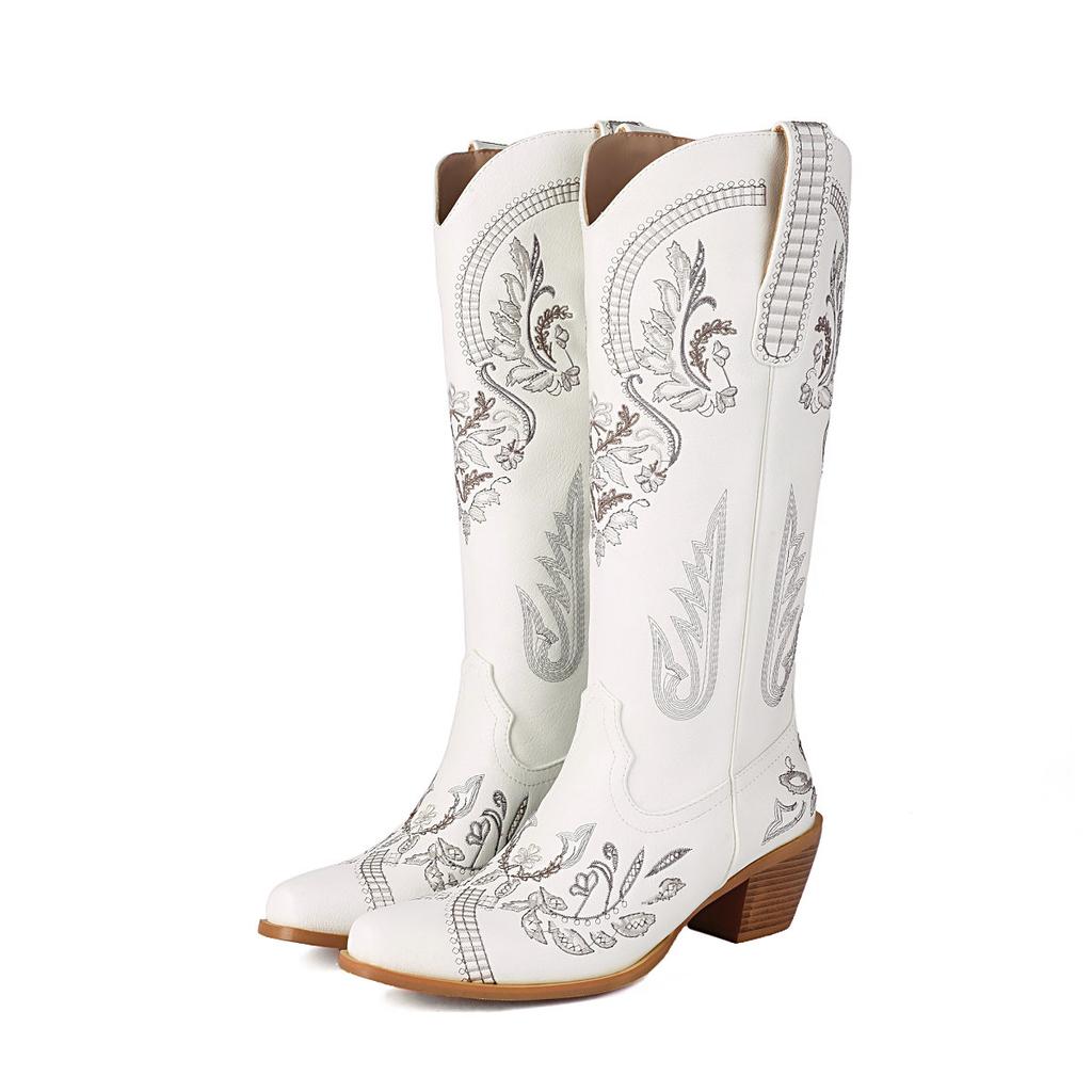 Western Cowboy Boots for Women Embroidered Knee High Cowgirl Tall Boots Chunky Heel Retro Shoes for a Sorority Social Event