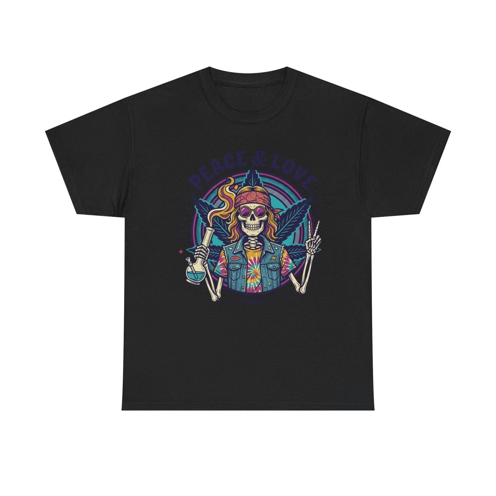 Peace & Love Skull T-Shirt | Retro Hippie Skeleton Graphic Tee 2XL