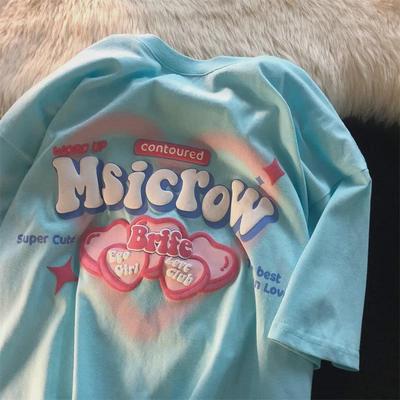 Women's Oversize Straight Shoulder T-Shirt, Short Sleeve Summer 2025, New American Style, Trendy Bestie Couple Outfit