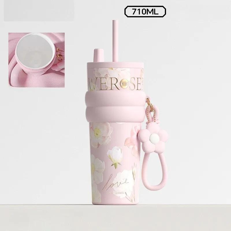 Double Drink Vacuum Flask Stainless Steel Ceramic-coated Inner Liner Coffee Cup Portable Car Straw Cup Thermos Cup 710ML