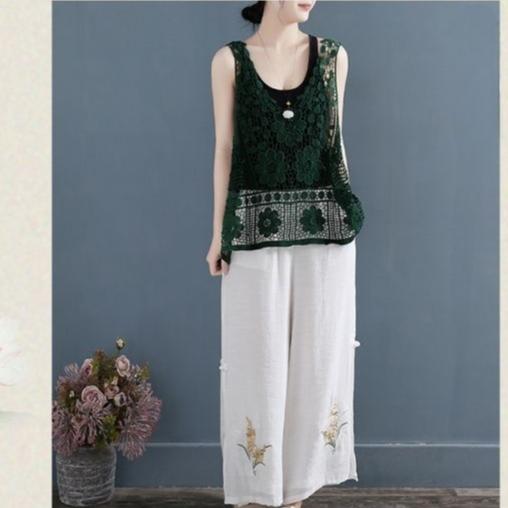 Vintage Women's Lace Vest Summer Thin Jacquard Vest Cotton Black Loose Openwork Embroidered Vest