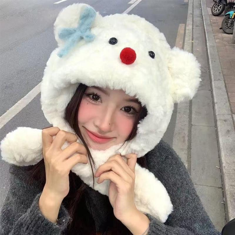 Cute Snowman Hat With Bow Thickened Lei Feng Hat Autumn And Winter Hat Neck Warmer Ear Flap Hat Cute Pullover Hat