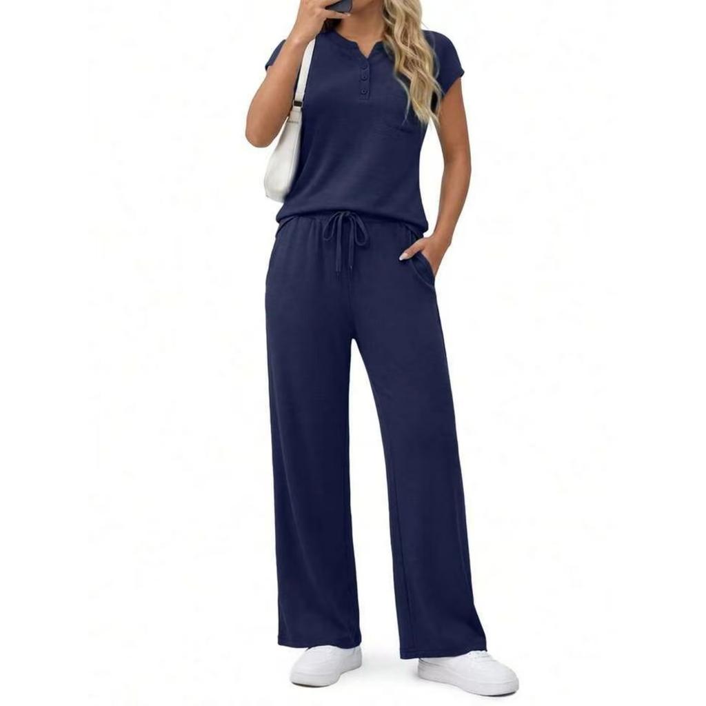 Fashion Women's Spring And Summer Short Sleeved V-neck Top Loose Wide Leg Pants Set