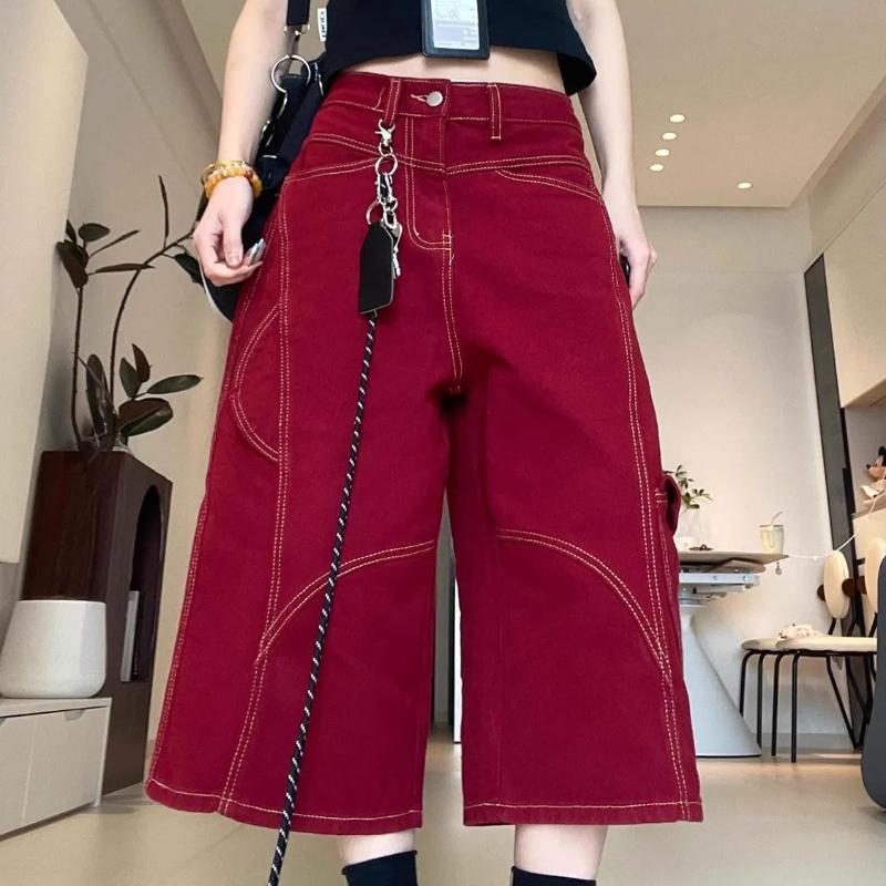 Red Multi Pocket Women's Cropped Pants American Retro Loose Female's Cargo Pants High Waisted Versatile Summer Clothing