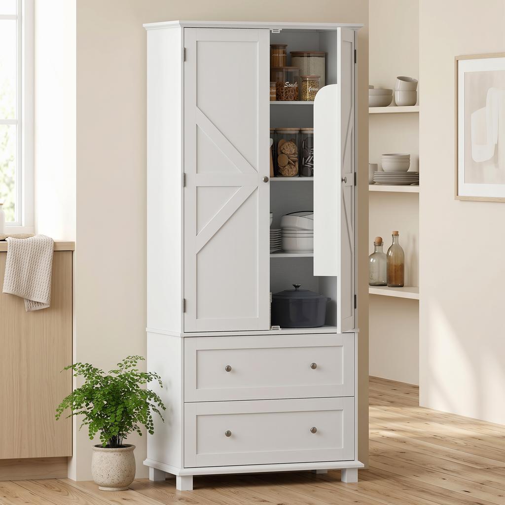 Kitchen Sideboard, Tall, 2-Door Cabinet, 2 Drawers, 6 Shelf Racks, 80 x 39.5 x 184.5 cm, White
