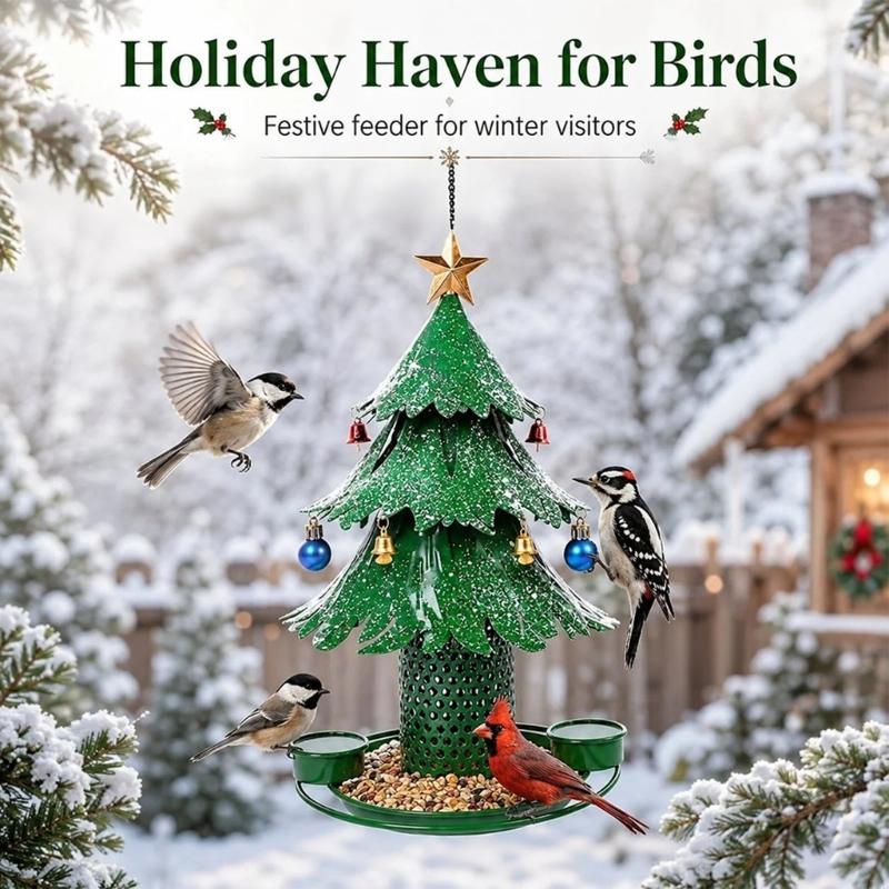 Winter Outdoor Songbird Dining Station for Garden Display, Christmas Tree Form Hanging Accent for Porch and Yard Placement Y5GB