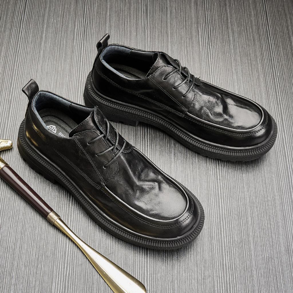 Herrenschuhe Leder Runde Spitze Atmungsaktiv Britisch Lässige Lederschuhe Business Schnürschuhe Plateau Weiches Leder Blau Trend Einzelne Schuhe