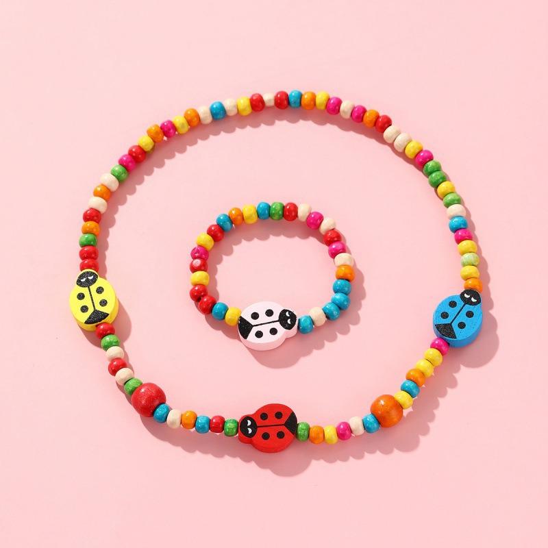 Süßes buntes Kinder-Schmuckset im koreanischen Stil: Holzperlenarmband & Halskette