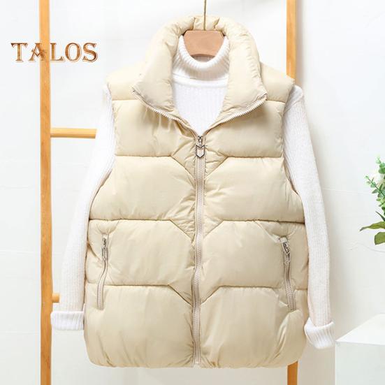 Women Winter Zip-up Vest Coat Thickened Padded Stand Collar Neck Protection Sleeveless Outerwear with Zipper Pockets Solid Color Keep Warm Waistcoat