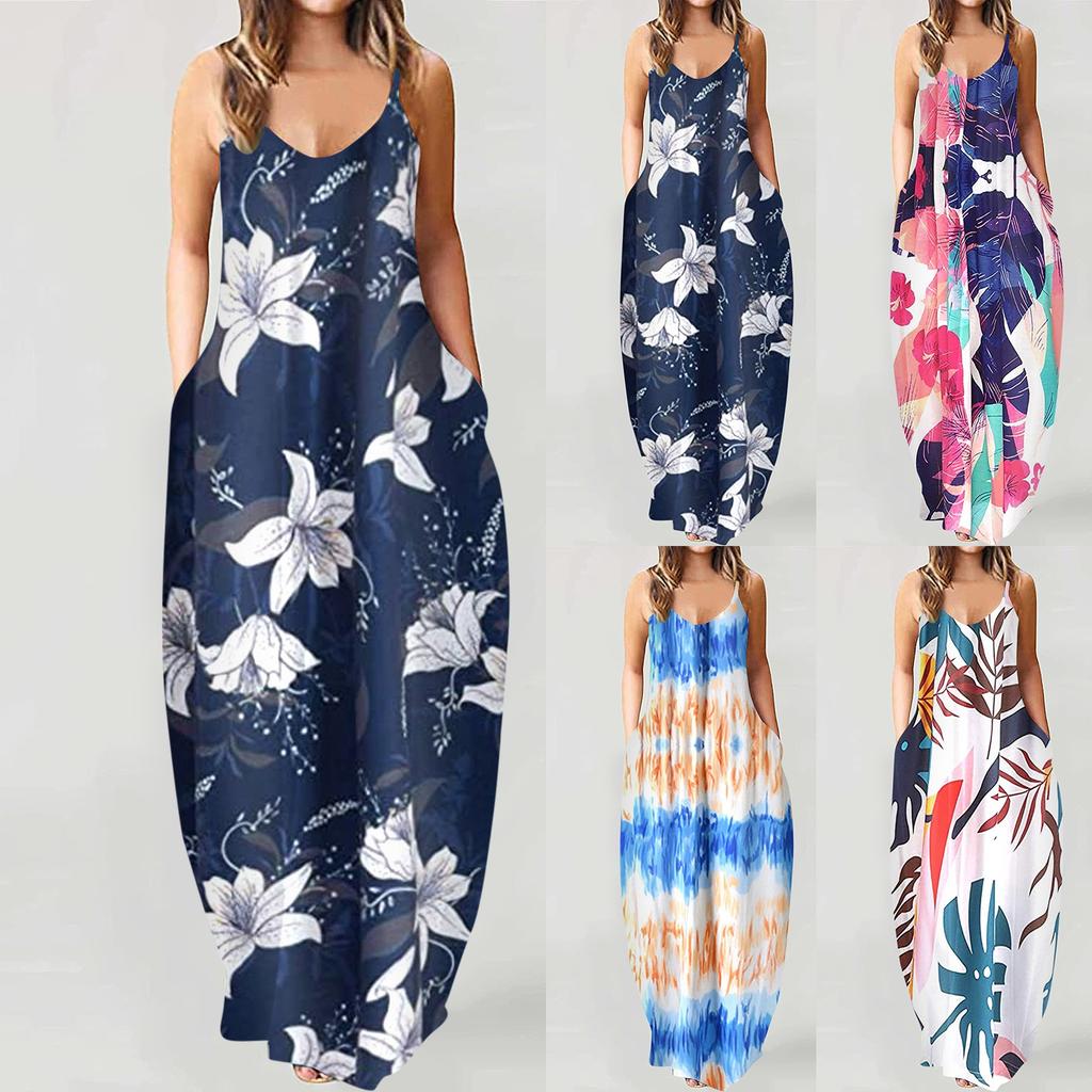 Women's Fashion Summer Casual Print V-Neck Sexy Sleeveless Dresses Long