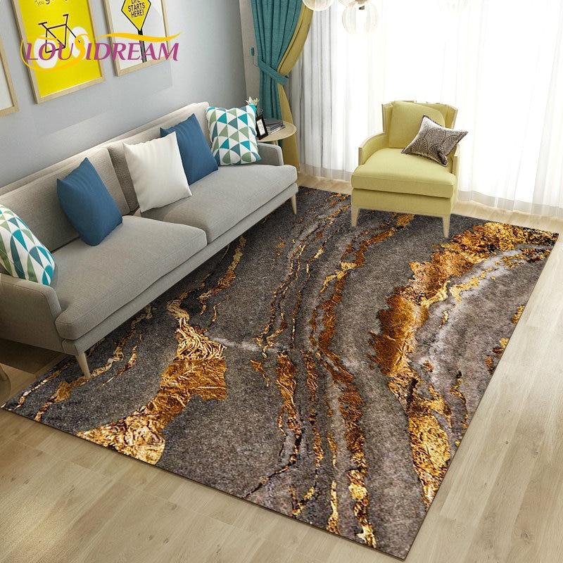 Nordic Marble Texture Goldren Cyan Area Rug Large,Carpet Rug for Living Room Bedroom Sofa Doormat Decor,Kid Non-slip Floor Mat