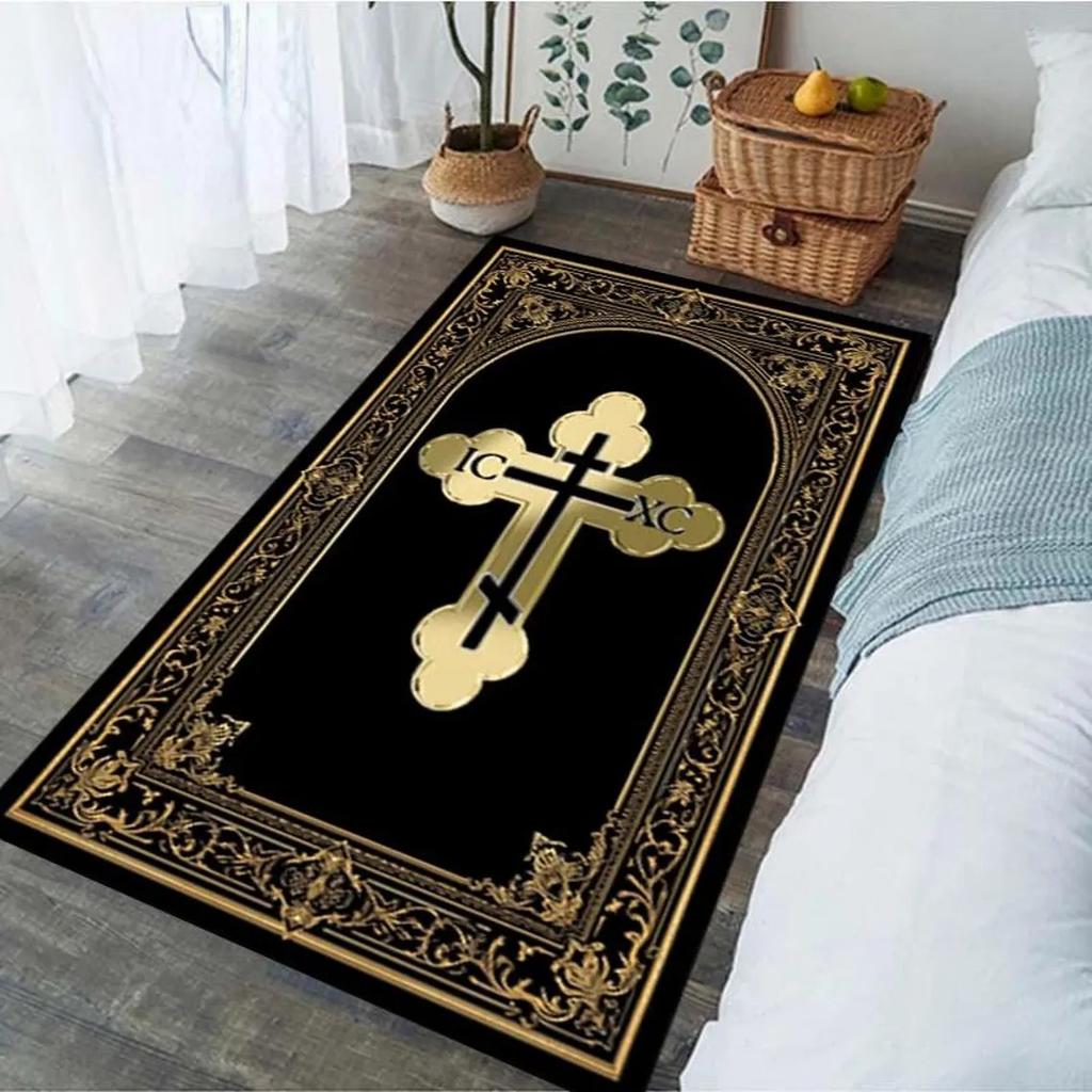 Tappeto da preghiera Croce Ortodossa, Tappeto religioso, Tappetino con design Greco Bizantino, Tappeto da Chiesa Nero Oro, Decorazione per la casa Cristiana