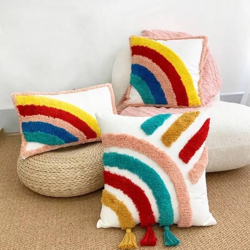 Bohemian Style Rainbow Pillow Cover Soft Cotton Linen With Tassels And Embroidery