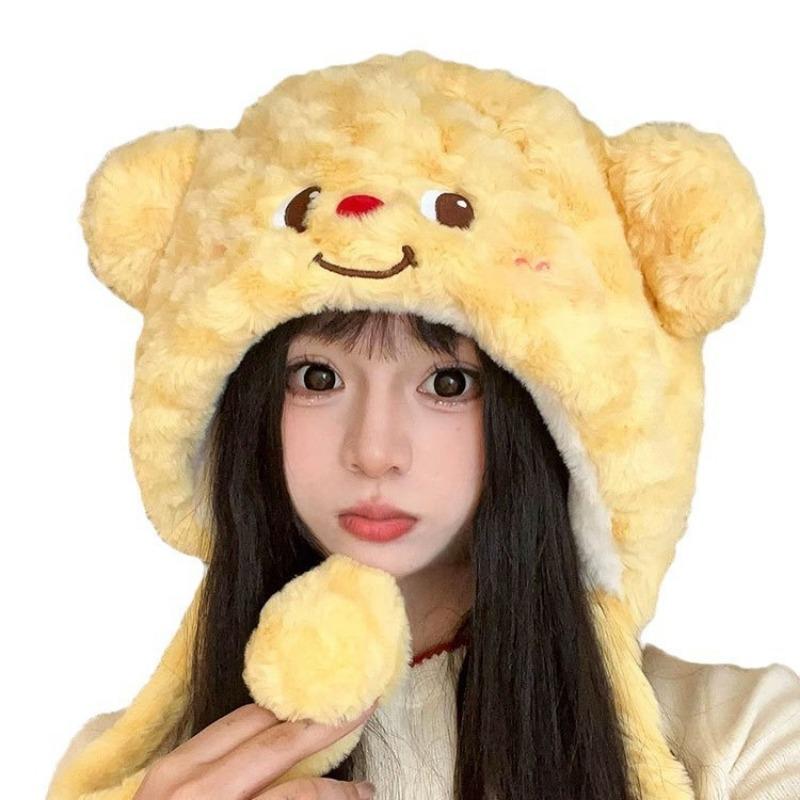 Cartoon Cute Butter Bear Showing Face Small Plush Hat Female Autumn and Winter Warm Cold Bear Hat Ear Protector