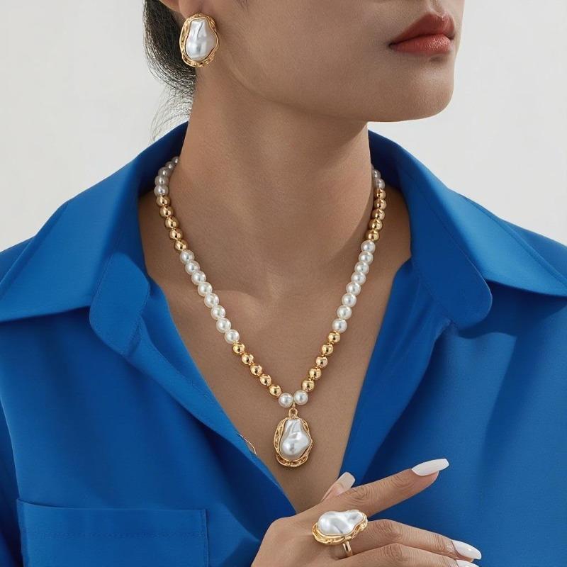 3-Piece Vintage Metal Irregular Imitation Pearl Beaded Women'S Necklace Earrings Ring Jewelry Set