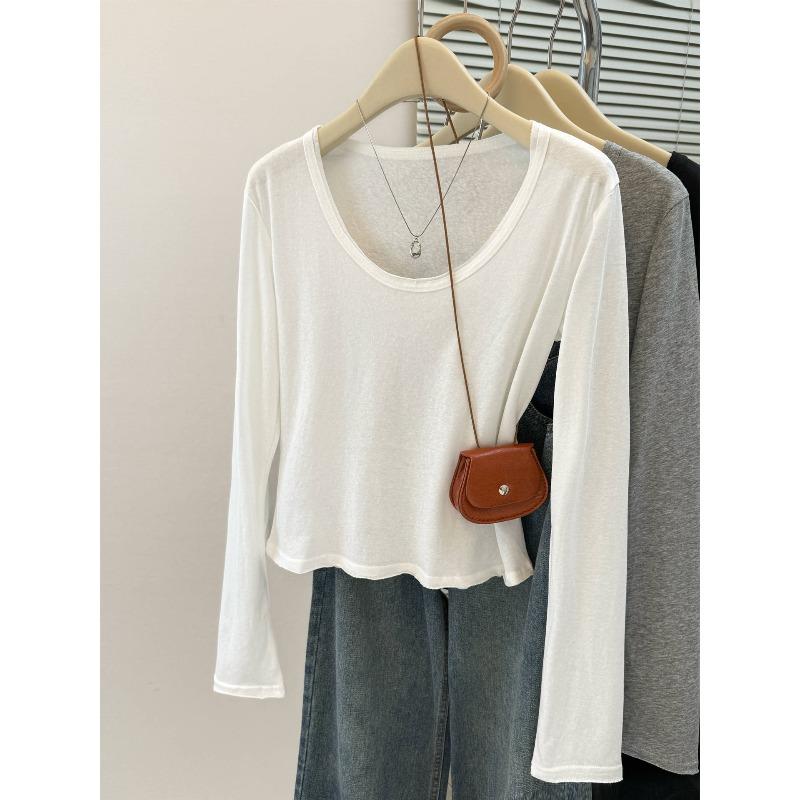

Real shot cotton season new U-neck long-sleeved T-shirt women s slim small short bottoming top XL белый
