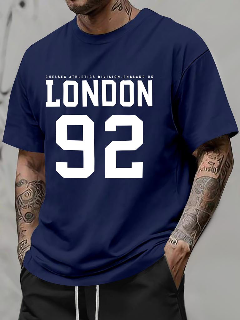 Unisex Summer Light Blue Crew Neck Tee LONDON 92 Print Casual Short Sleeve Daily Basic Athletic Chelsea UK Fashion T Shirt