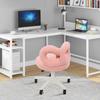 Pink Lamb Fur Swivel Chair, Bow Backrest, Adjustable Rolling Makeup Vanity Chair, Height 37-47cm, Soft Plush Office Desk Chair
