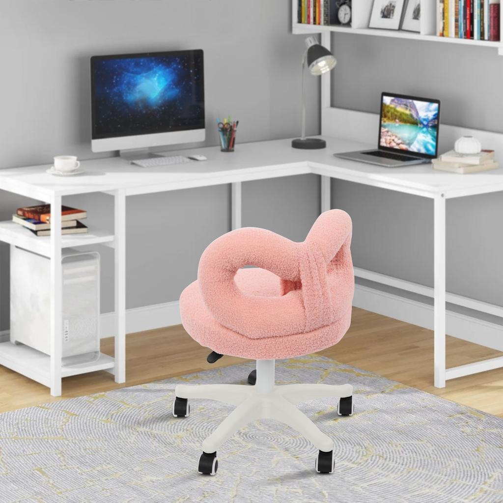 Pink Lamb Fur Swivel Chair, Bow Backrest, Adjustable Rolling Makeup Vanity Chair, Height 37-47cm, Soft Plush Office Desk Chair