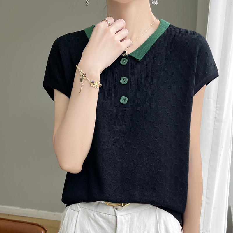 Lapel Short-sleeved Womens Summer Updated Korean Style Versatile Thin Base Knitted Sweater T-shirt Top