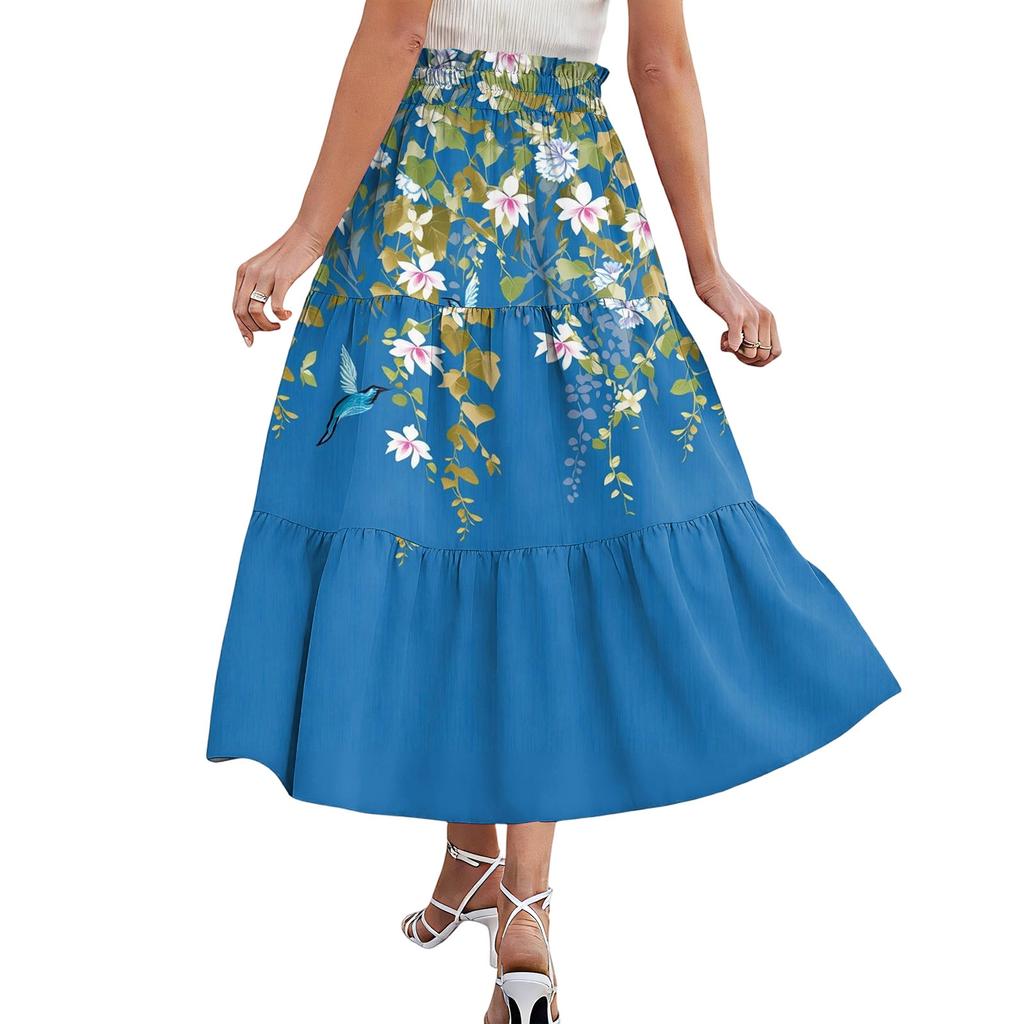 Maxi rok voor dames met trekkoord, hoge taille, lange zomerrok, lichtgewicht, gelaagd, zwierig, met bloemenprint en plooien.