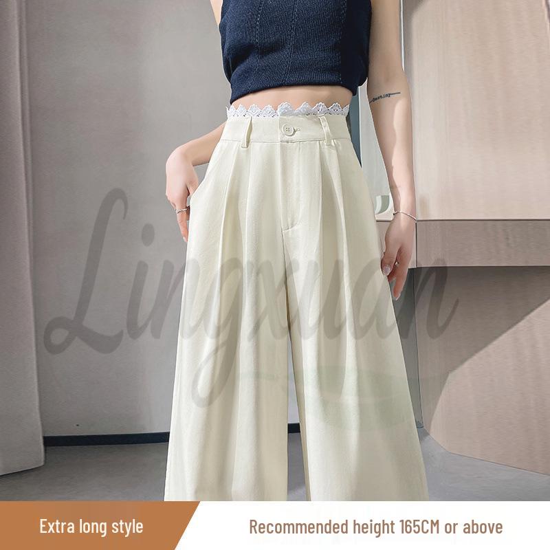 Women s High-Waist Wide-Leg Pants with Lace Trim for Spring/Summer 2026 - Elegant Drape Design Medium
