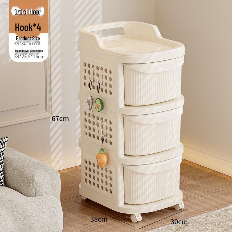 Compact Cream Baby Toy and Snack Storage Rack: Floor-Standing, Movable Cabinet for Baby Gear