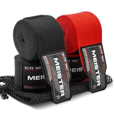Meister Elite Premium Adult Hand Wraps for MMA Boxing Pack with Mesh Bag Red 180" (457 Cm) & - 2-Pair - Black/Blood