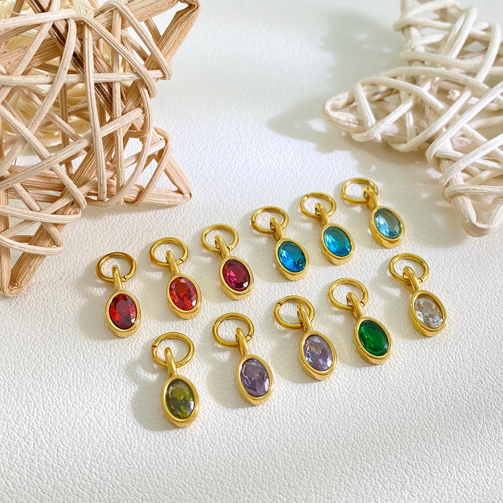 Oval Zircon Charms Colorful Gemstone Pendants for DIY Jewelry Gold-plated Stainless Steel Charms
